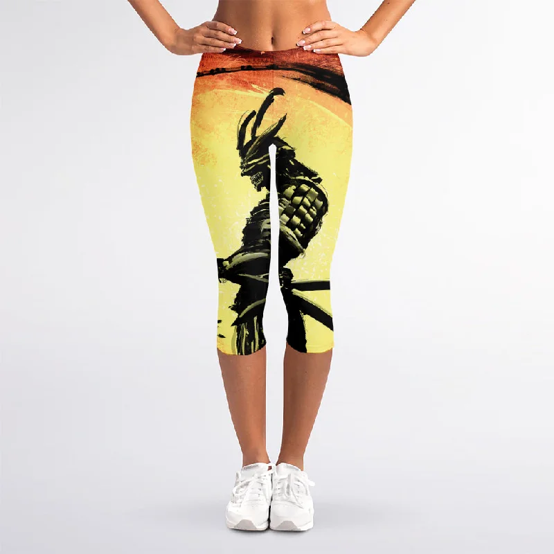 Sunset Samurai Warrior Print Women's Capri Leggings