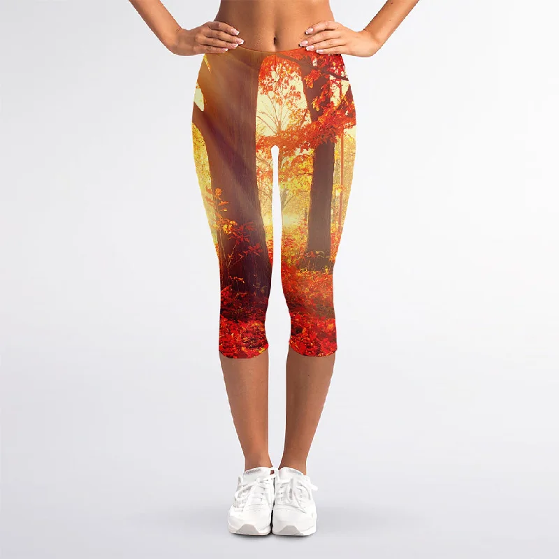 Sunshine Autumn Tree Print Women's Capri Leggings