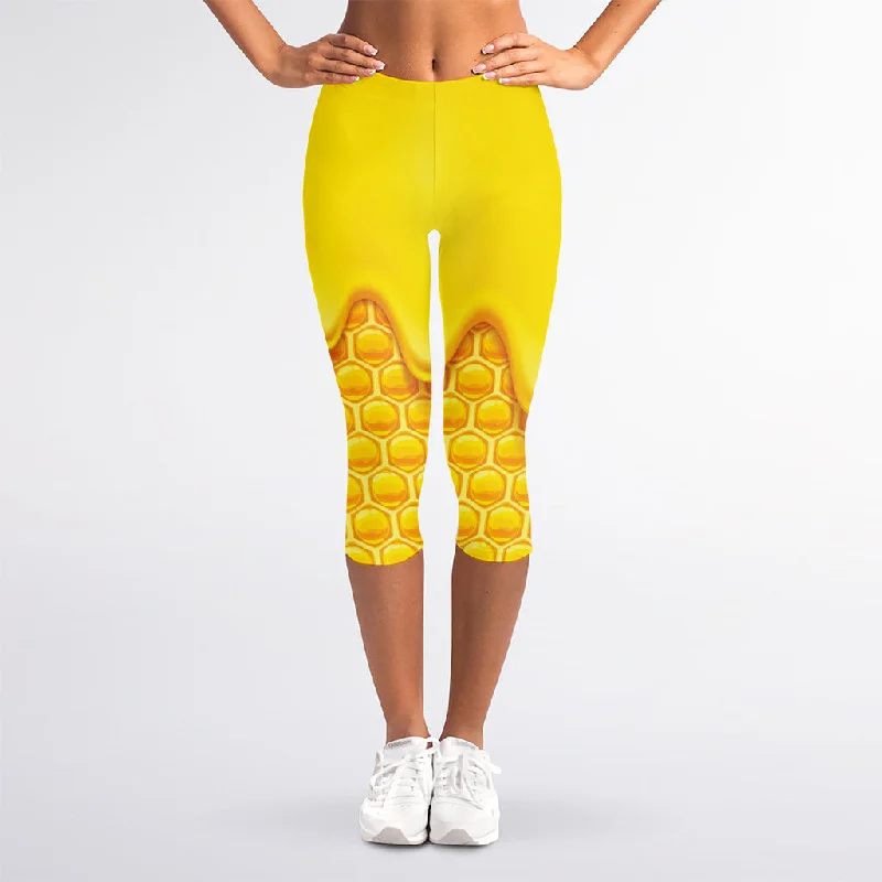 Sweet Honey Honeycomb Print Women's Capri Leggings