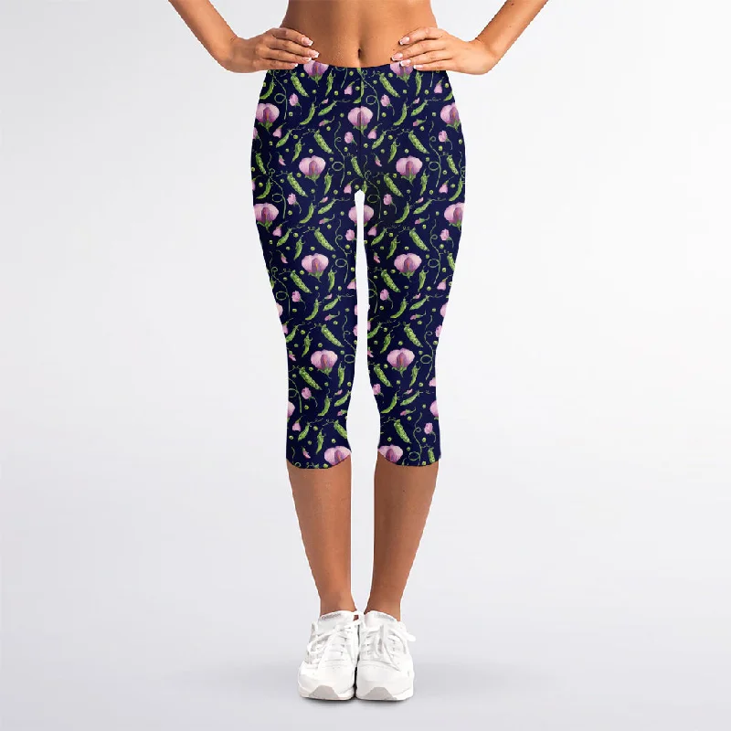 Sweet Pea Floral Pattern Print Women's Capri Leggings