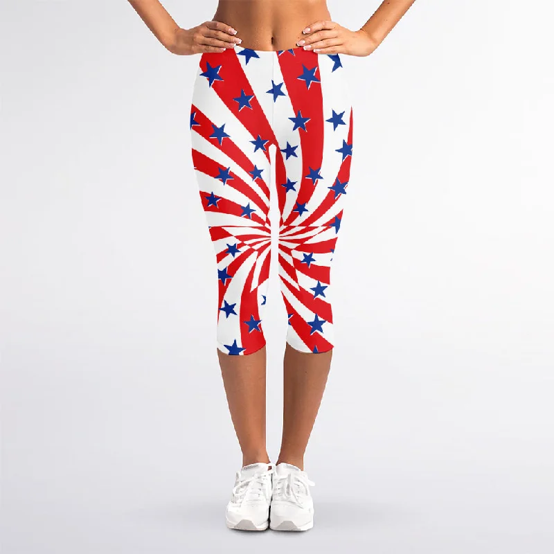 Swirl American Patriotic Star Print Women's Capri Leggings