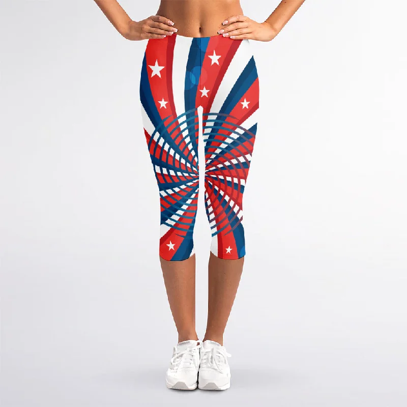 Swirly American Patriotic Print Women's Capri Leggings