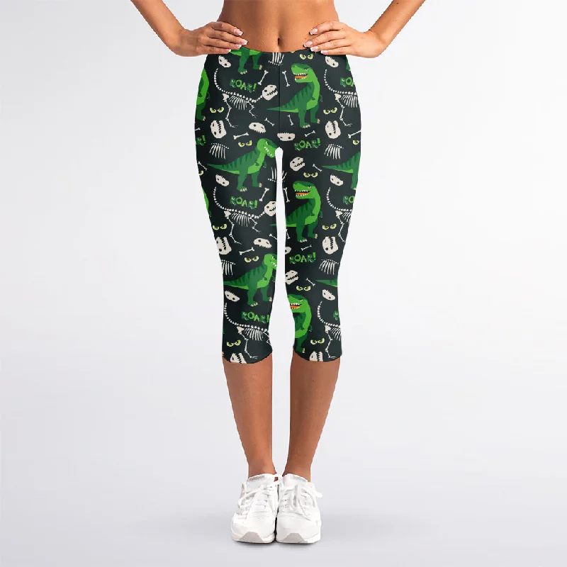 T-Rex And Dino Fossil Pattern Print Women's Capri Leggings