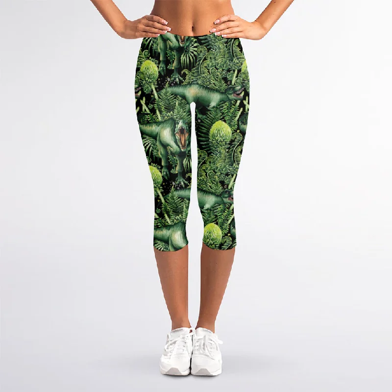 T-Rex Dinosaur And Jurassic Plants Print Women's Capri Leggings