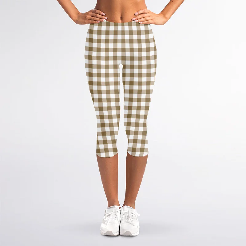 Tan And White Gingham Pattern Print Women's Capri Leggings