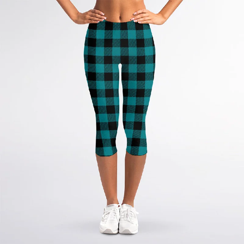 Teal And Black Buffalo Check Print Women's Capri Leggings