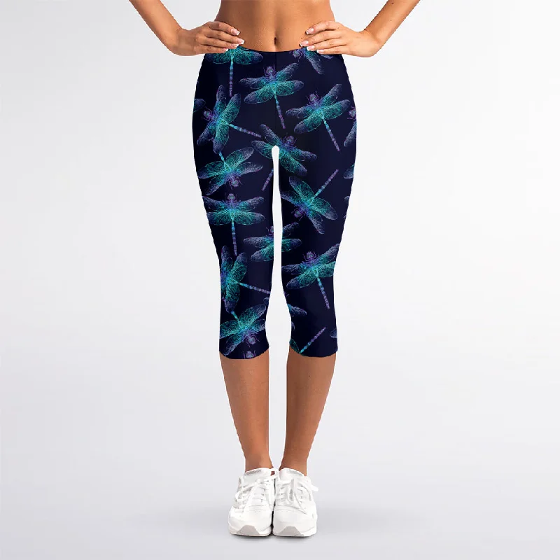 Teal And Purple Dragonfly Pattern Print Women's Capri Leggings