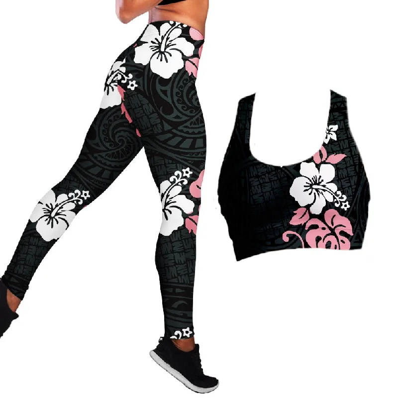 Polynesian Hibiscus Seamless Yoga Set Sports Bras Leggings 2 Piece Set Women Workout Clothes Workout Set for Gym Jogging Fitness