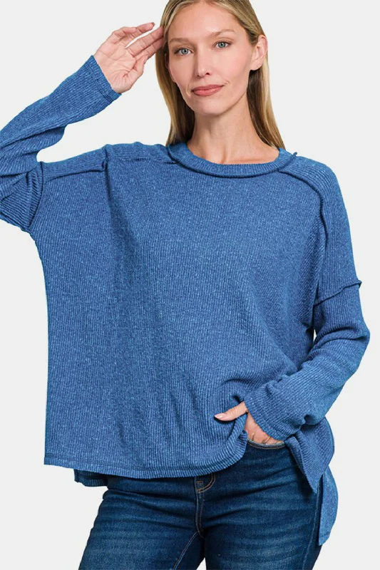 Zenana Exposed Seam Brushed Round Neck Sweater - Navy