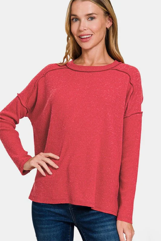 Zenana Exposed Seam Brushed Round Neck Sweater - Red