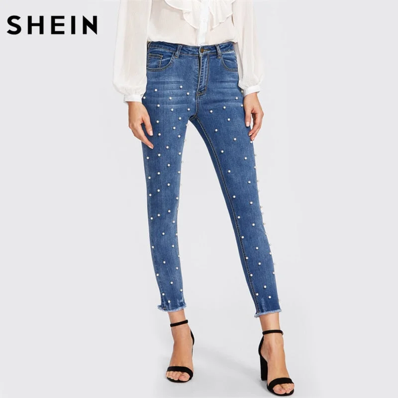 SHEIN Pearl Beaded Frayed Hem Jeans Casual Womens Skinny Jeans Denim Autumn High Waist Bleached Women Zipper Pants Trendy Wide-Leg High-Waist Denim SHEIN Pearl Beaded Frayed Hem Jeans Casual Womens Skinny Jeans Denim Autumn High Waist Bleached Women Zipper Pants Trendy Wide-Leg High-Waist Denim