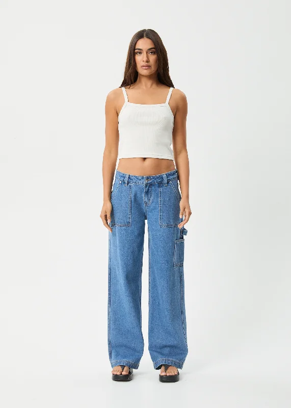 AFENDS Womens Lexi - Denim Low Rise Carpenter Jeans - Worn Blue Comfortable Full-Length Denim Jeans