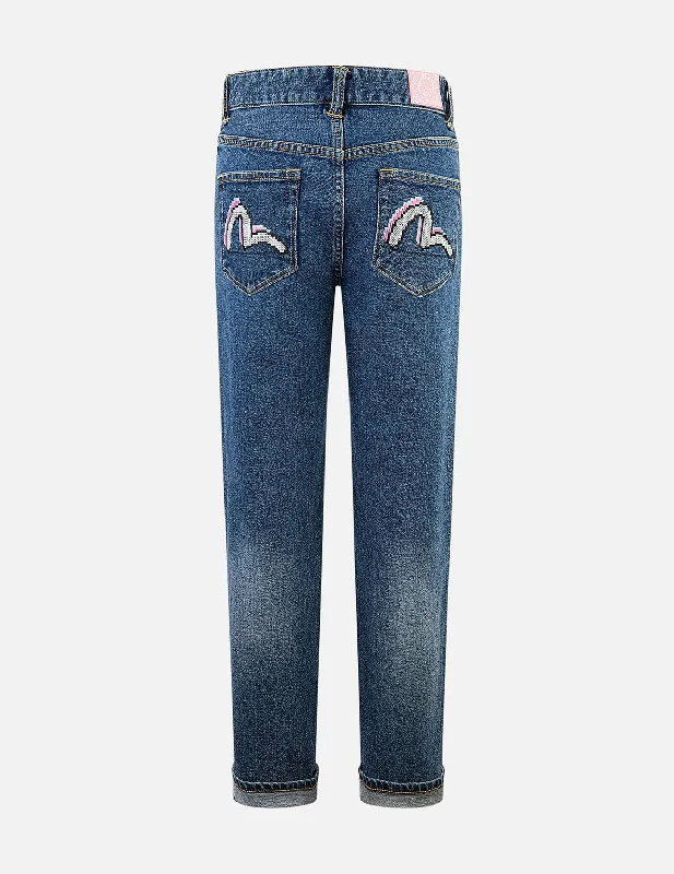 Pixel Seagull Embroidery Relax Jeans Stylish Bootcut Denim Jeans