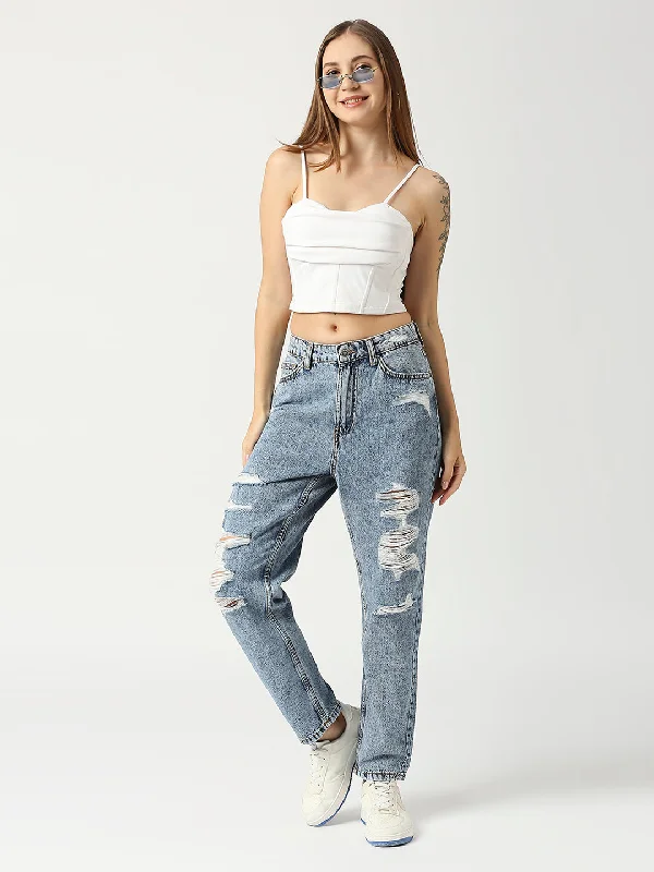 Women High-Rise Distressed Acid Wash Jeans Trendy Plus Size Jeans