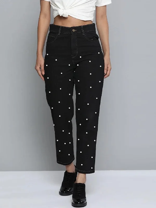 Black Pearl Detail Mom Jeans