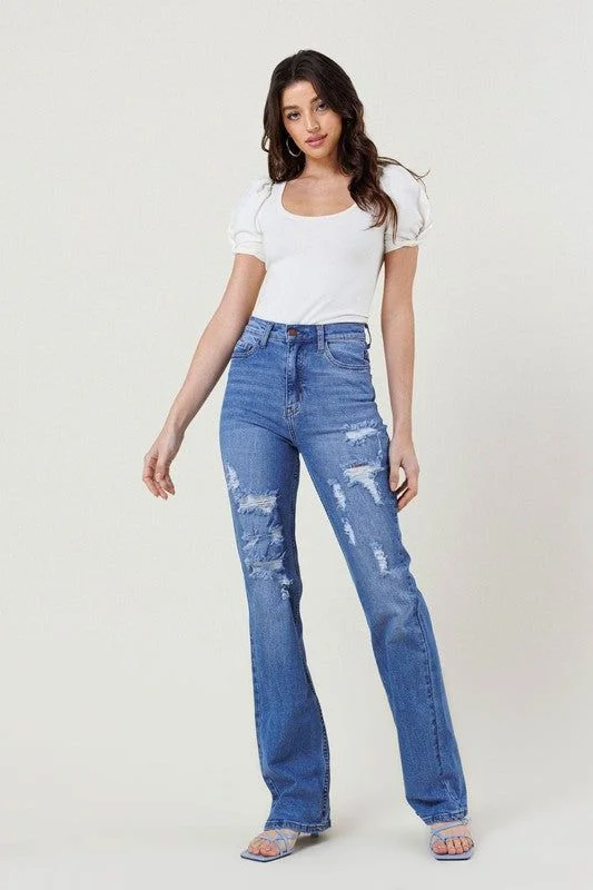 Vibrant MIU High Rise Distressed Straight Leg Jeans