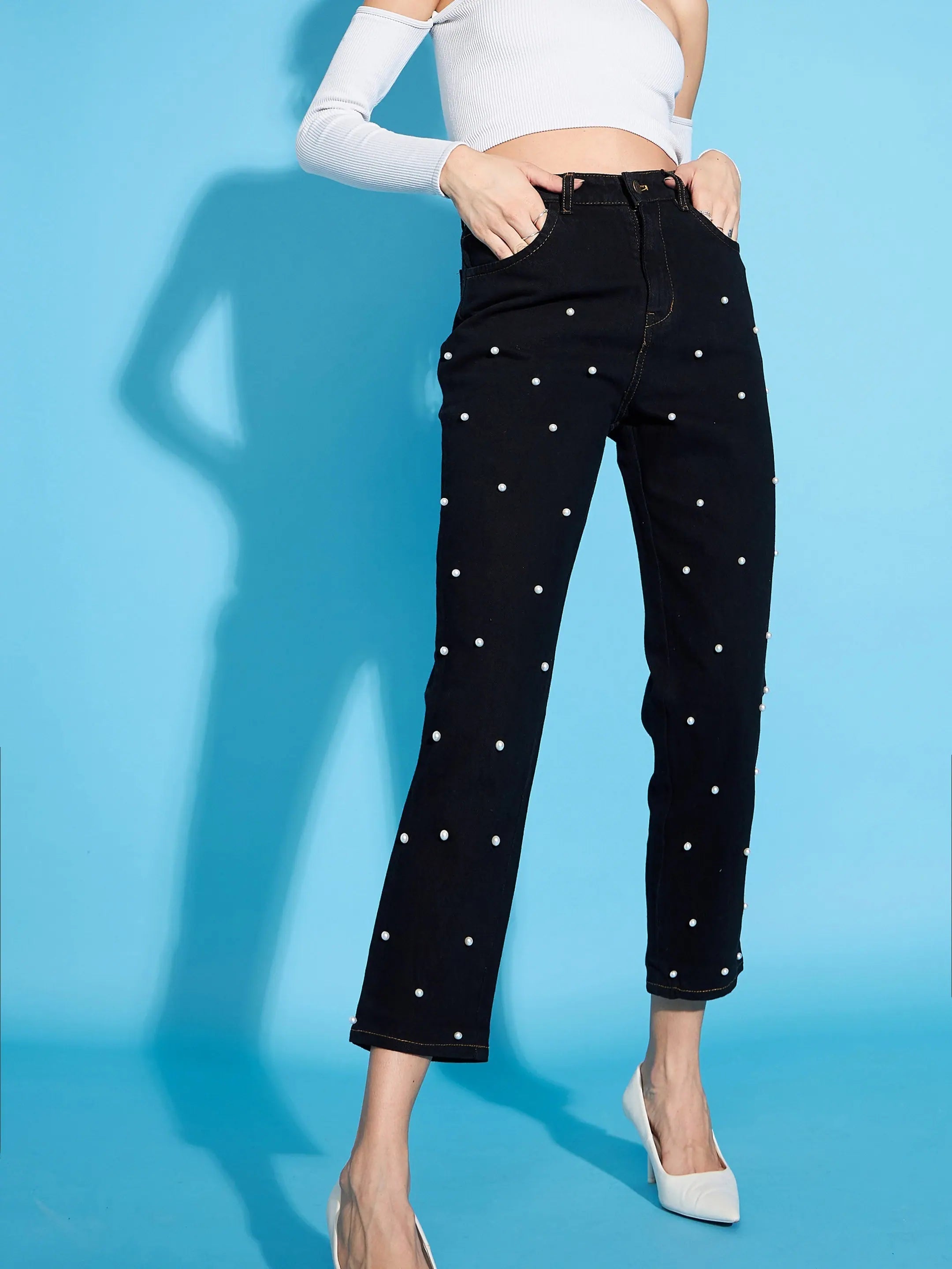 Women Black Pearl Detail Mom Jeans